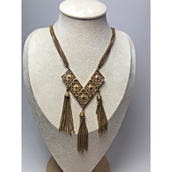 Sarah Coventry Jewelry - Sarah Coventry 24" Gold Tone V Tassel Statement Necklace MCM Mod 1970s Groovy